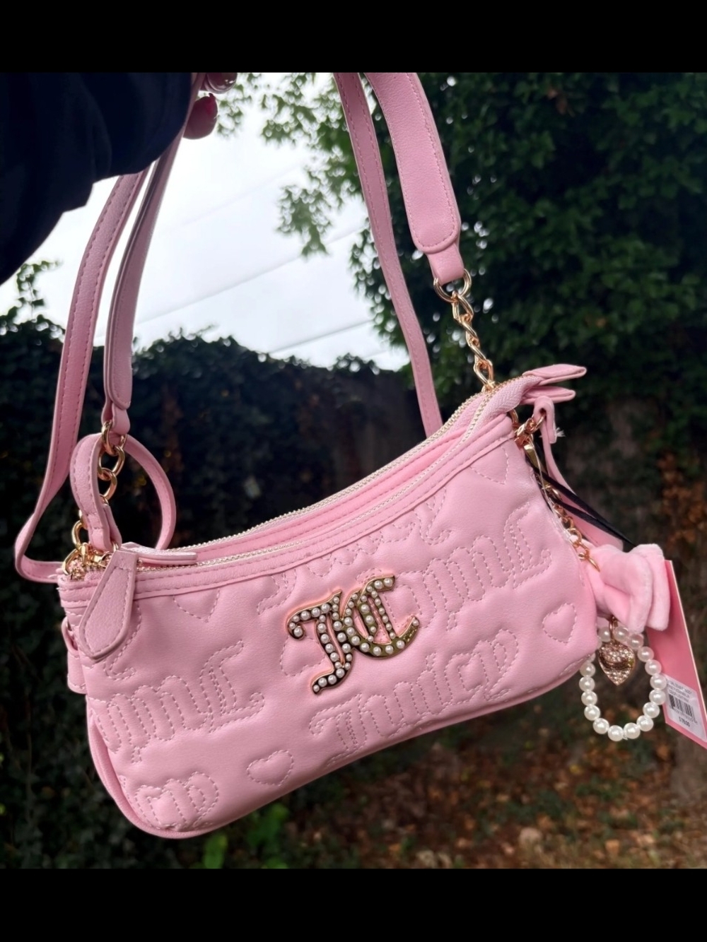 Juicy Couture Pink Lovely Girl Double XBody Shoulder Purse With Pearl Charm